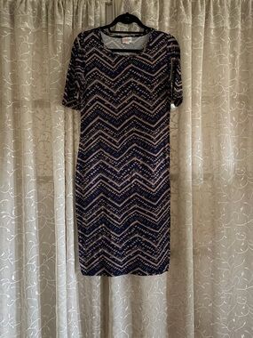 LuLaRoe Navy and Beige Chevron body contouring Dress
